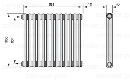 Схема (чертеж) Радиатор Zehnder Charleston 2100/13 №1270 Белый глянцевый RAL 9016